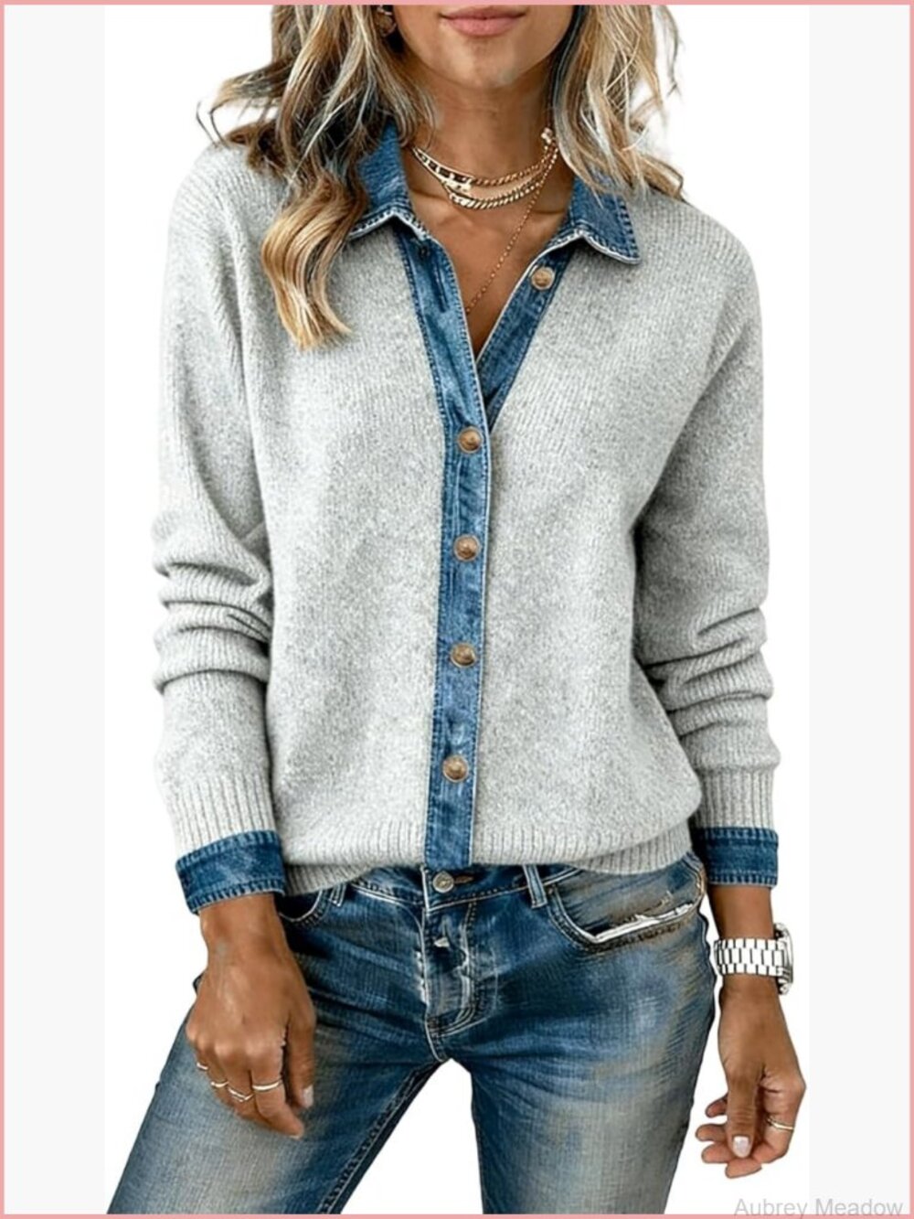 Light Gray Knit Cardigan with Denim-Trim Button Placket